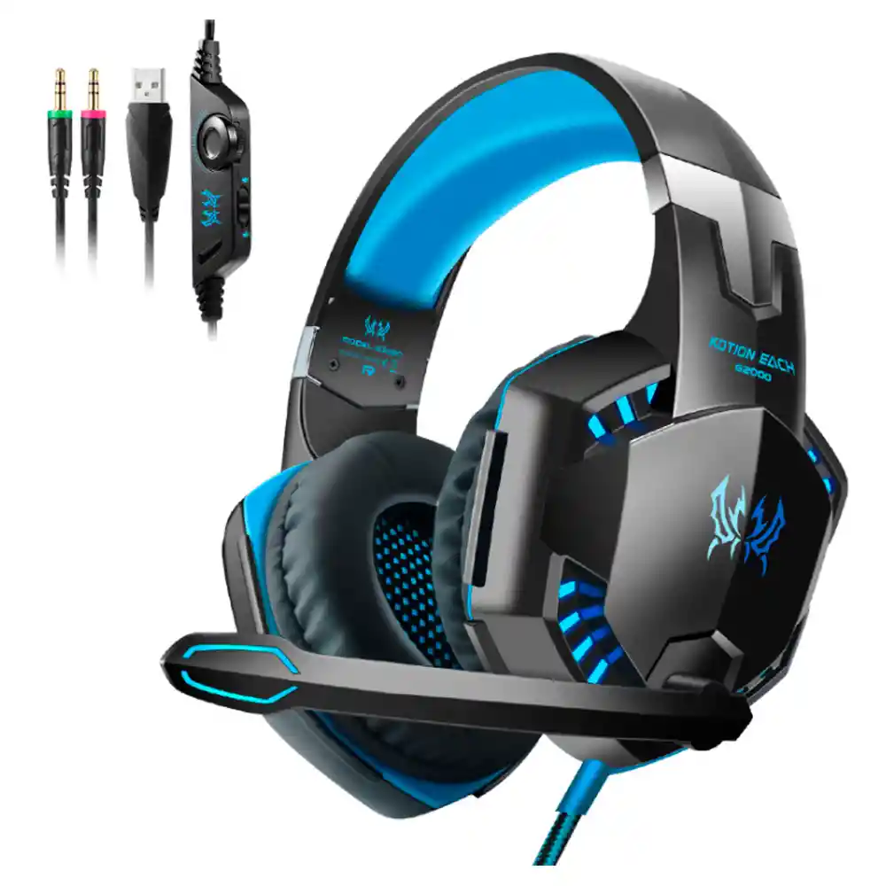 Auriculares Gamer Kotion Gamer G2000 Negro Y Azul Con Luz Led