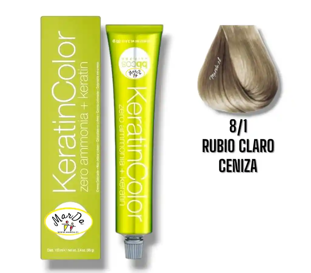 8/1 Rubio Claro Ceniza Tintura Keratincolor Sin Amoniaco + Keratina 100 Ml Bbcos