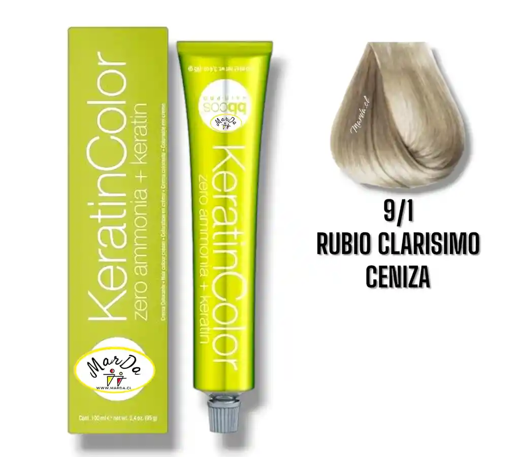 9/1 Rubio Clarisimo Ceniza Tintura Keratincolor Sin Amoniaco + Keratina 100 Ml Bbcos