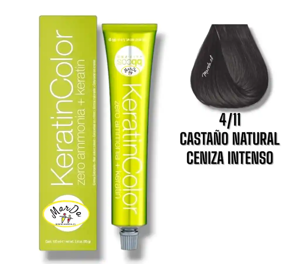 4/11 Castaño Natural Ceniza Intenso Tintura Keratincolor Sin Amoniaco + Keratina 100 Ml Bbcos