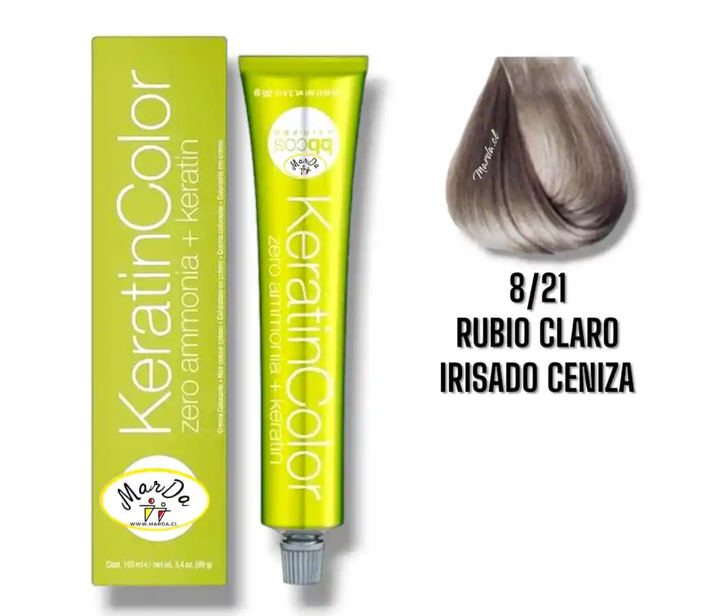 8/21 Rubio Claro Irisado Ceniza Tintura Keratincolor Sin Amoniaco + Keratina 100 Ml Bbcos