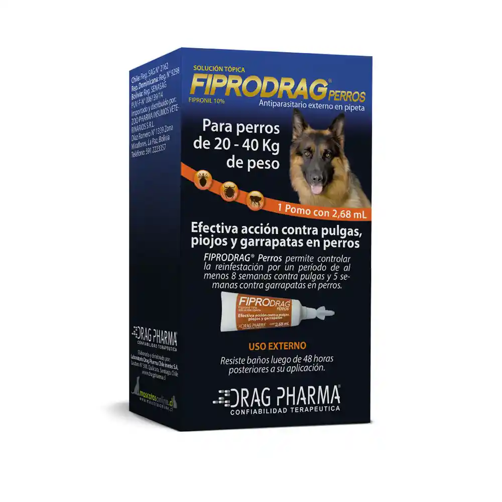 Drag Pharma - Fiprodrag (elimina Pulgas, Piojos Y Garrapatas) Perros 20 A 40 Kg Pipeta 2.68 Ml