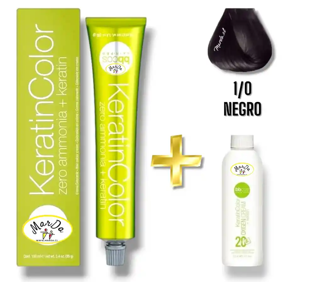 1/0 Negro Tintura Keratincolor Sin Amoniaco Con Keratina 100 Ml + Agua Oxigenada 20 V Bbcos