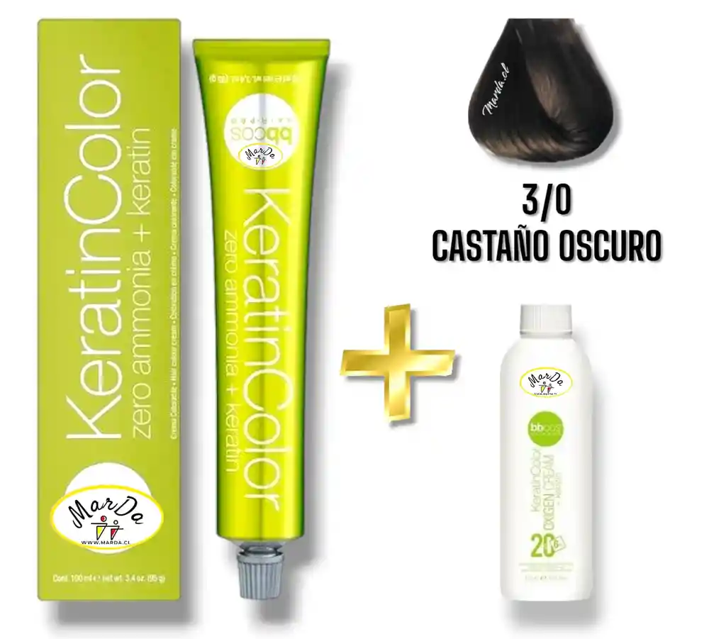 3/0 Castaño Oscuro Tintura Keratincolor Sin Amoniaco Con Keratina 100 Ml + Agua Oxigenada 20 V Bbcos