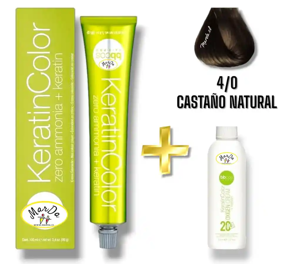 4/0 Castaño Natural Tintura Keratincolor Sin Amoniaco Con Keratina 100 Ml + Agua Oxigenada 20 V Bbcos