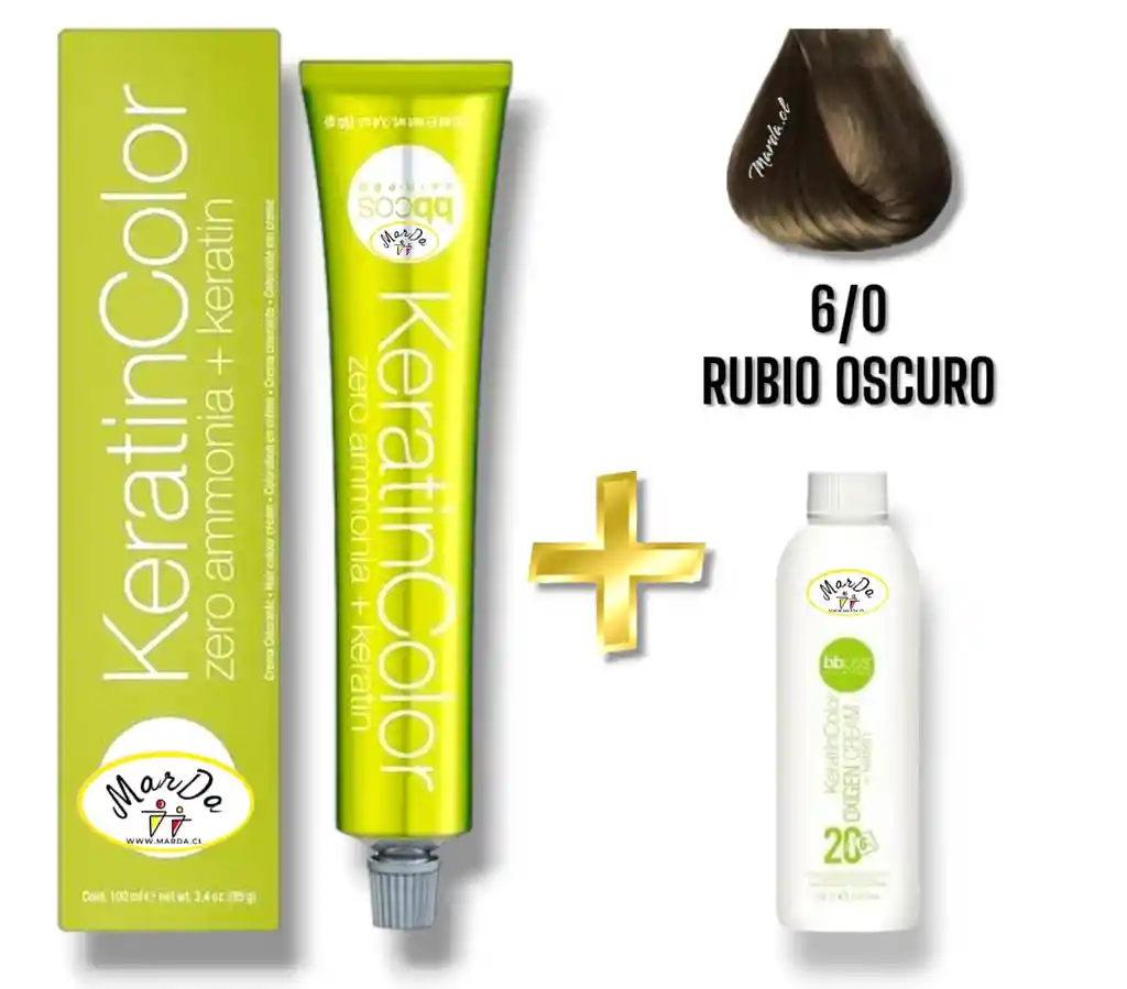 6/0 Rubio Oscuro Tintura Keratincolor Sin Amoniaco Con Keratina 100 Ml + Agua Oxigenada 20 V Bbcos