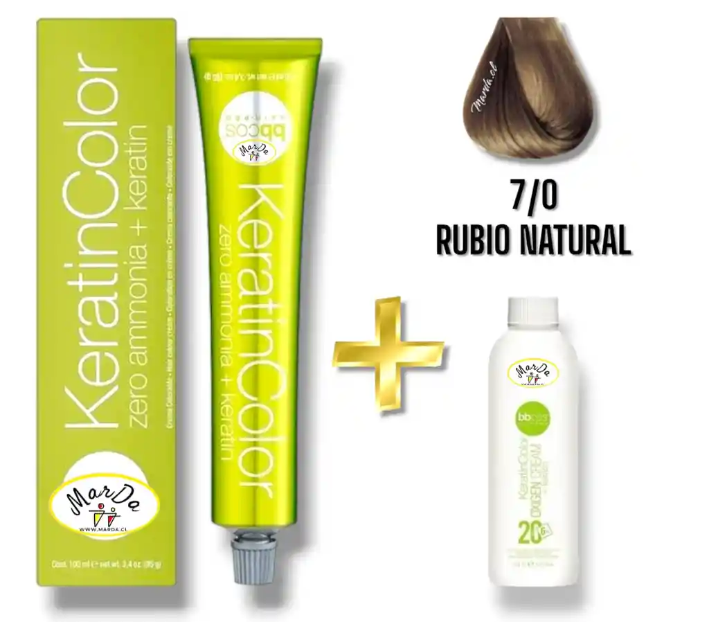 7/0 Rubio Natural Tintura Keratincolor Sin Amoniaco Con Keratina 100 Ml + Agua Oxigenada 20 V Bbcos