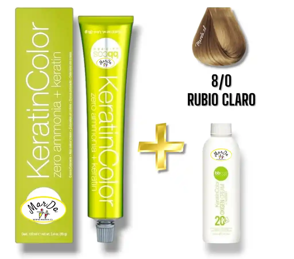 8/0 Rubio Claro Tintura Keratincolor Sin Amoniaco Con Keratina 100 Ml + Agua Oxigenada 20 V Bbcos