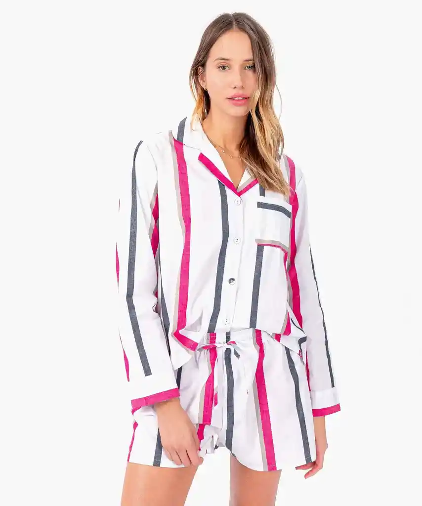 Pijama Mujer Corto Con Líneas L Blanco