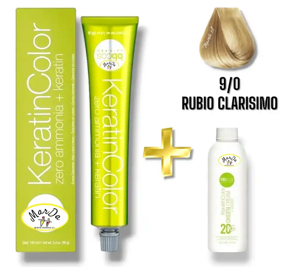 9/0 Rubio Clarisimo Tintura Keratincolor Sin Amoniaco Con Keratina 100 Ml + Agua Oxigenada 20 V Bbcos