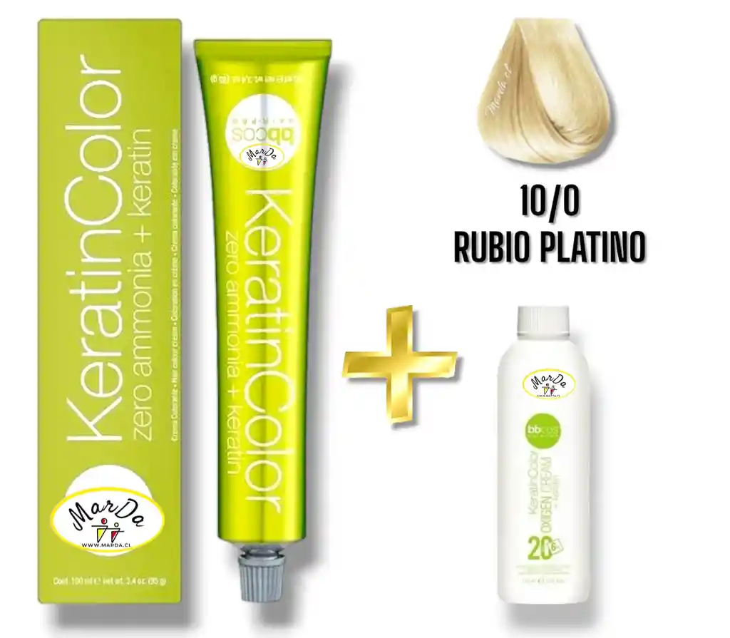 10/0 Rubio Platino Tintura Keratincolor Sin Amoniaco Con Keratina 100 Ml + Agua Oxigenada 20 V Bbcos