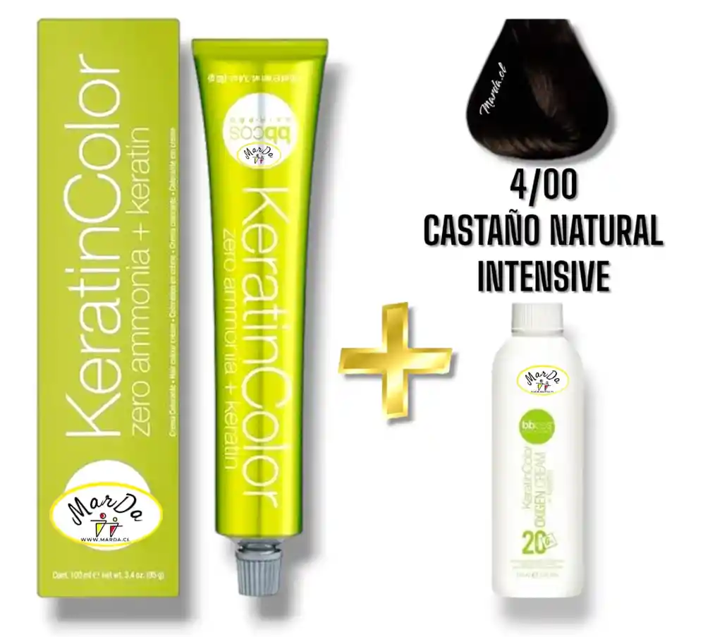 4/00 Castaño Natural Intensive Tintura Keratincolor Sin Amoniaco Con Keratina 100 Ml + Agua Oxigenada 20 V Bbcos