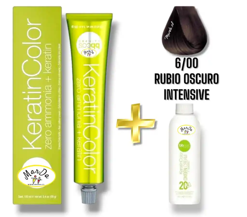 6/00 Rubio Oscuro Intensive Tintura Keratincolor Sin Amoniaco Con Keratina 100 Ml + Agua Oxigenada 20 V Bbcos