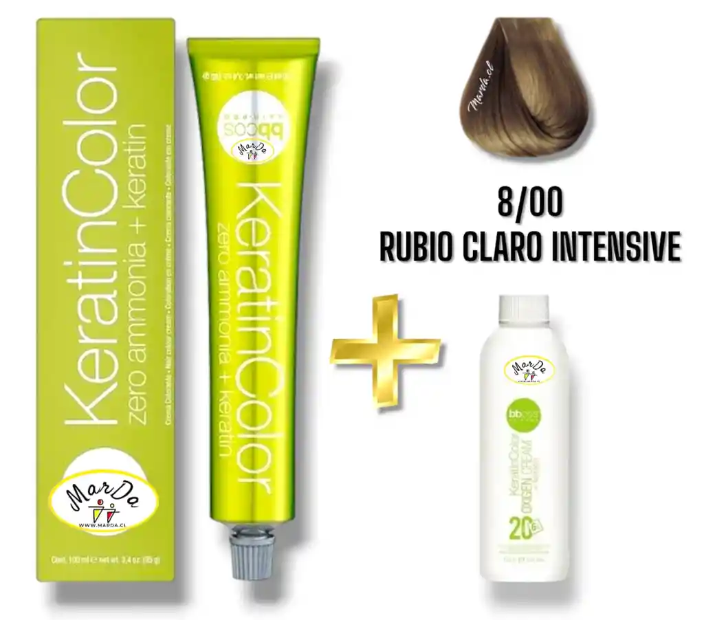 8/00 Rubio Claro Intensive Tintura Keratincolor Sin Amoniaco Con Keratina 100 Ml + Agua Oxigenada 20 V Bbcos