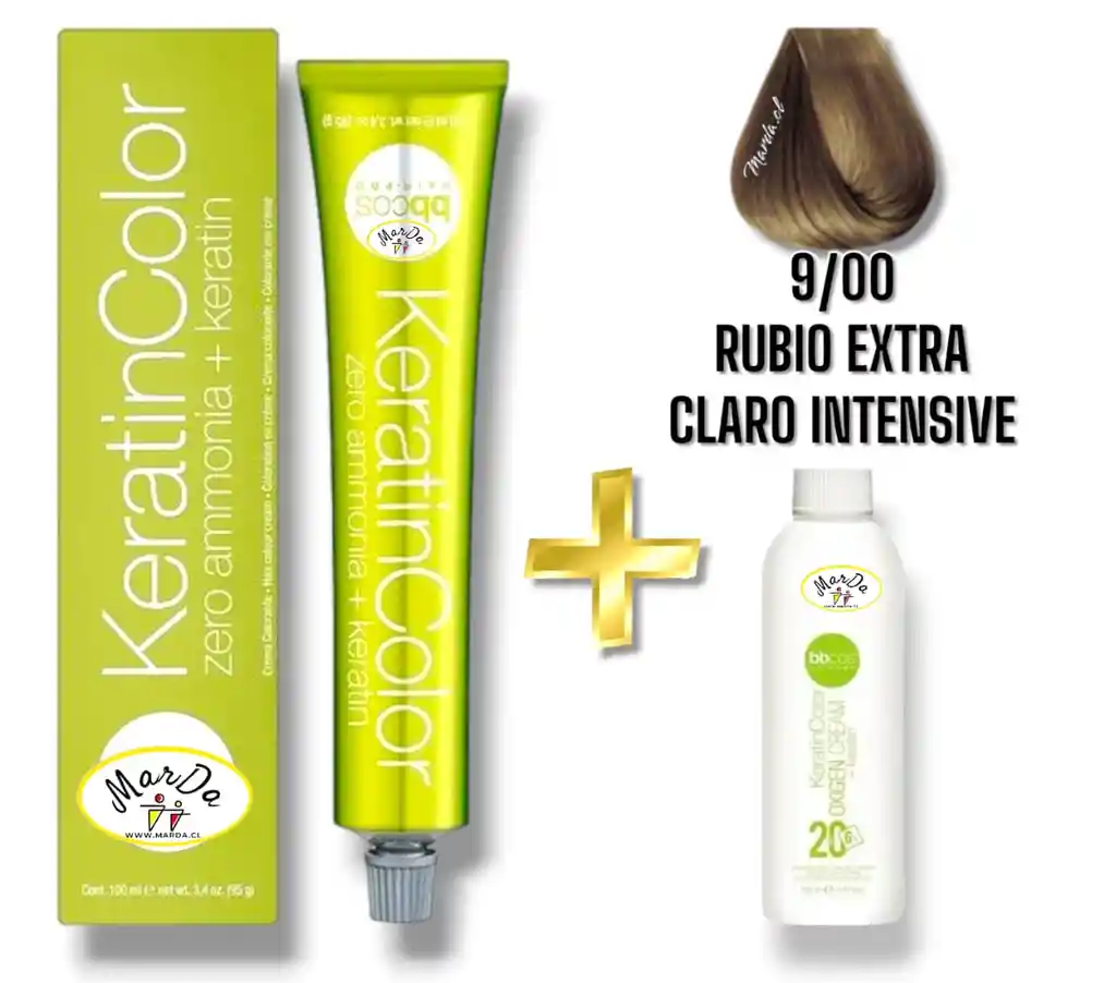 9/00 Rubio Extra Claro Intensive Tintura Keratincolor Sin Amoniaco Con Keratina 100 Ml + Agua Oxigenada 20 V Bbcos