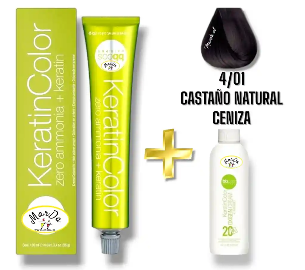 4/01 Castaño Natural Ceniza Tintura Keratincolor Sin Amoniaco Con Keratina 100 Ml + Agua Oxigenada 20 V Bbcos