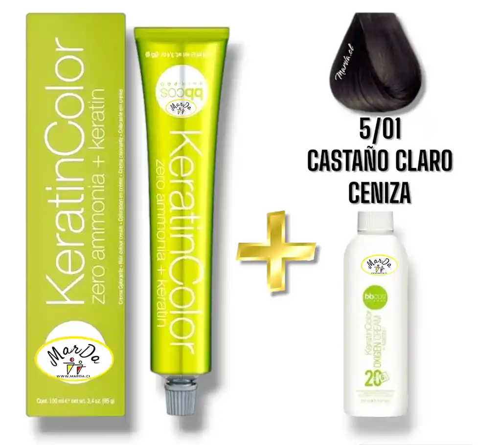 5/01 Castaño Claro Ceniza Tintura Keratincolor Sin Amoniaco Con Keratina 100 Ml + Agua Oxigenada 20 V Bbcos