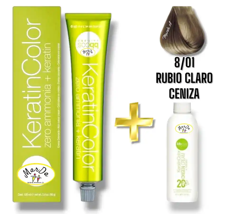 8/01 Rubio Claro Ceniza Tintura Keratincolor Sin Amoniaco Con Keratina 100 Ml + Agua Oxigenada 20 V Bbcos