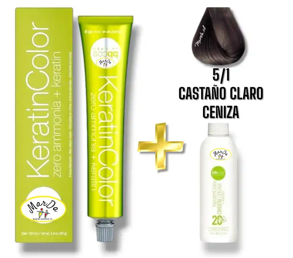 5/1 Castaño Claro Ceniza Tintura Keratincolor Sin Amoniaco Con Keratina 100 Ml + Agua Oxigenada 20 V Bbcos