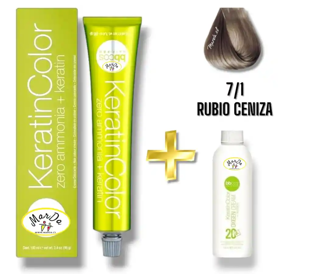 7/1 Rubio Ceniza Tintura Keratincolor Sin Amoniaco Con Keratina 100 Ml + Agua Oxigenada 20 V Bbcos