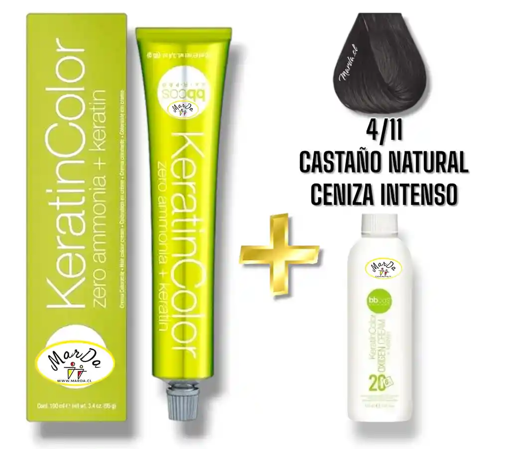 4/11 Castaño Natural Ceniza Intenso Tintura Keratincolor Sin Amoniaco Con Keratina 100 Ml + Agua Oxigenada 20 V Bbcos