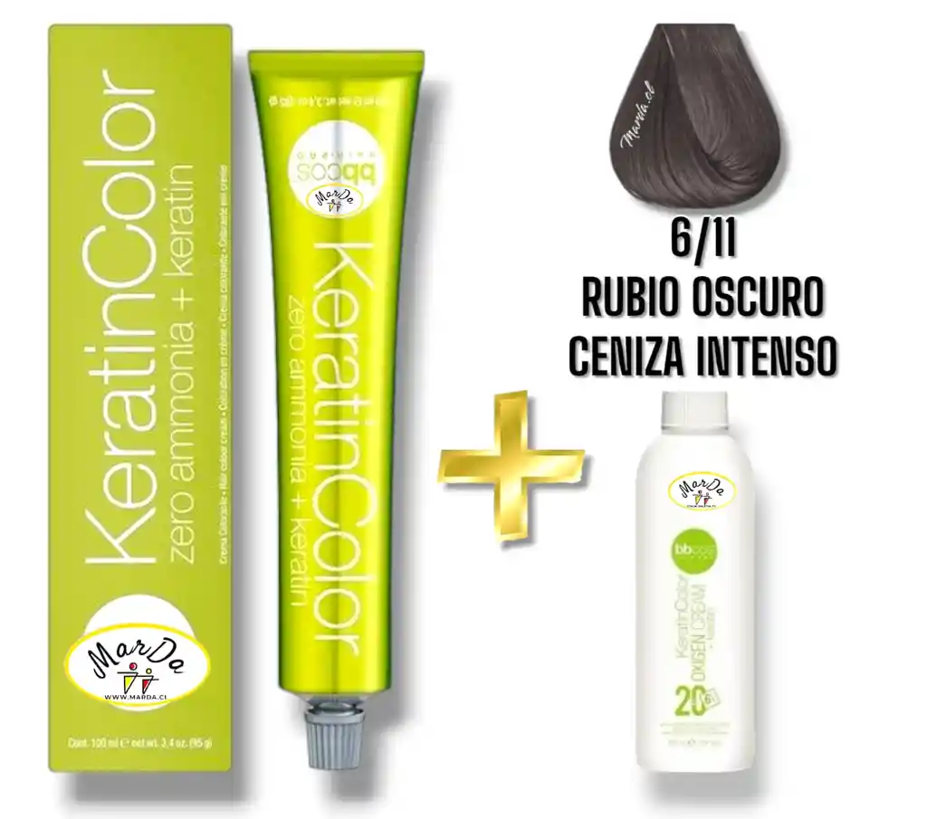 6/11 Rubio Oscuro Ceniza Intenso Tintura Keratincolor Sin Amoniaco Con Keratina 100 Ml + Agua Oxigenada 20 V Bbcos