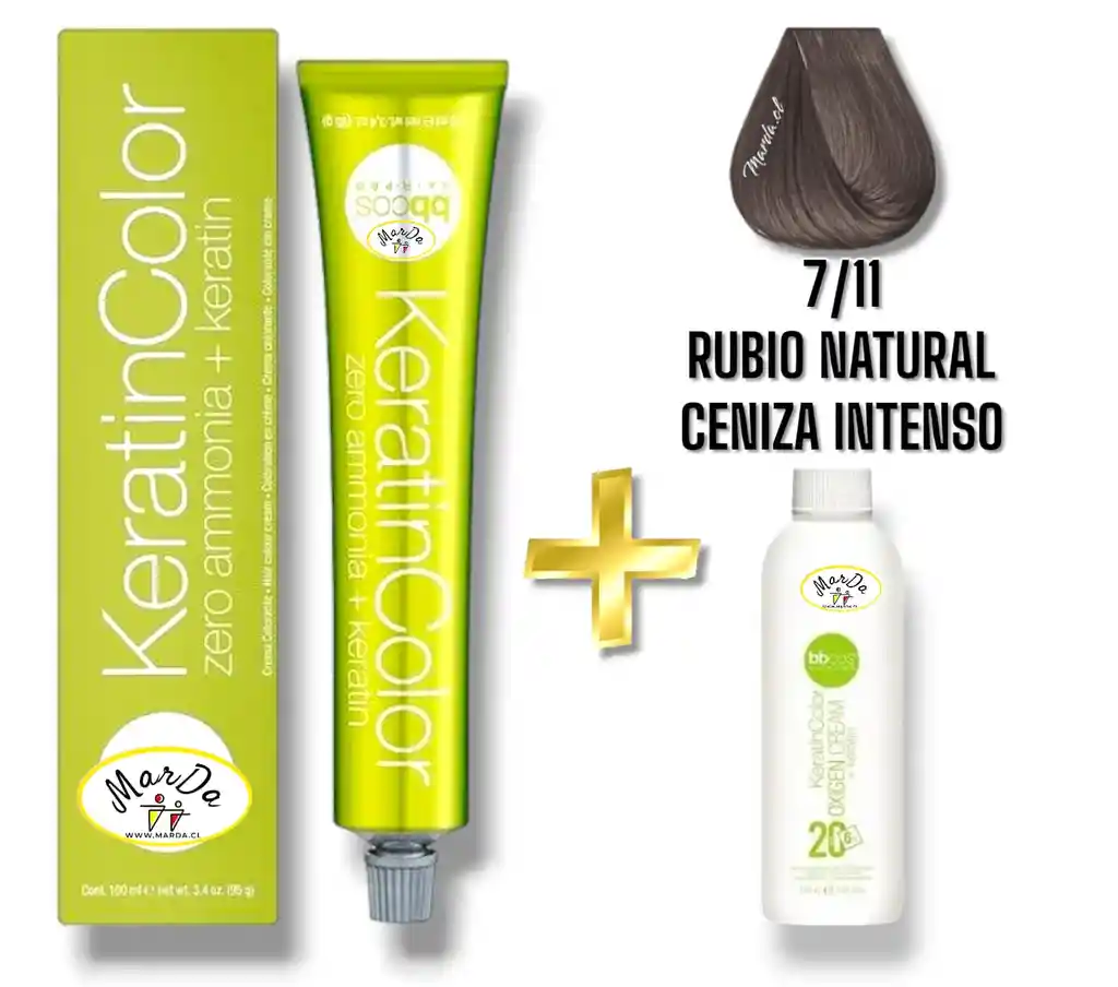 7/11 Rubio Natural Ceniza Intenso Tintura Keratincolor Sin Amoniaco Con Keratina 100 Ml + Agua Oxigenada 20 V Bbcos