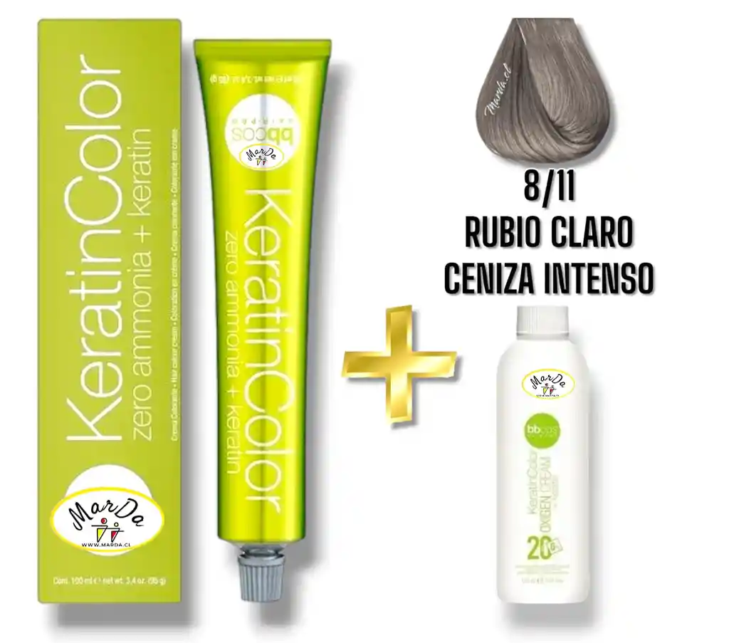 8/11 Rubio Claro Ceniza Intenso Tintura Keratincolor Sin Amoniaco Con Keratina 100 Ml + Agua Oxigenada 20 V Bbcos