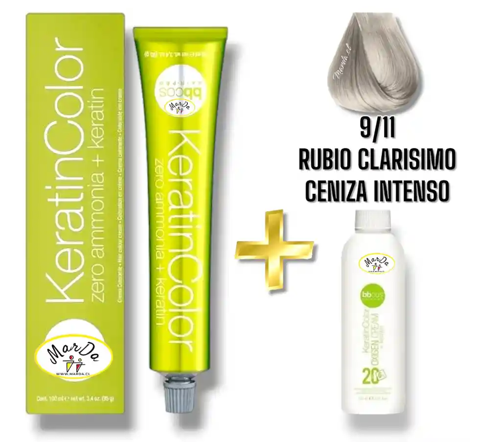 9/11 Rubio Clarisimo Ceniza Intenso Tintura Keratincolor Sin Amoniaco Con Keratina 100 Ml + Agua Oxigenada 20 V Bbcos