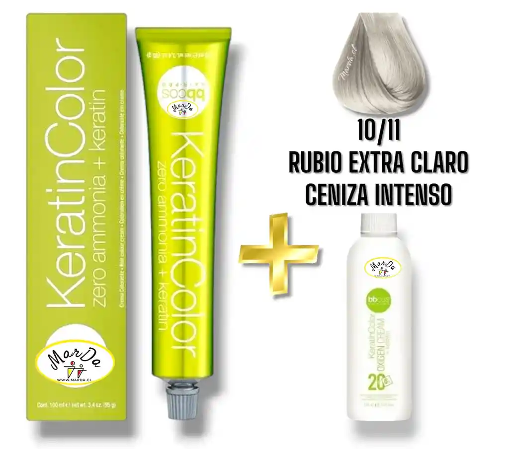 10/11 Rubio Extra Claro Ceniza Intenso Tintura Keratincolor Sin Amoniaco Con Keratina 100 Ml + Agua Oxigenada 20 V Bbcos