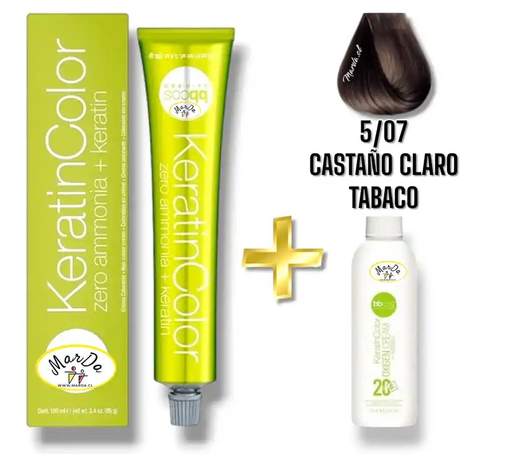 5/07 Castaño Claro Tabaco Tintura Keratincolor Sin Amoniaco Con Keratina 100 Ml + Agua Oxigenada 20 V Bbcos