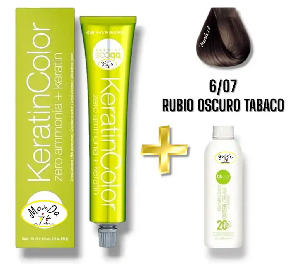 6/07 Rubio Oscuro Tabaco Tintura Keratincolor Sin Amoniaco Con Keratina 100 Ml + Agua Oxigenada 20 V Bbcos