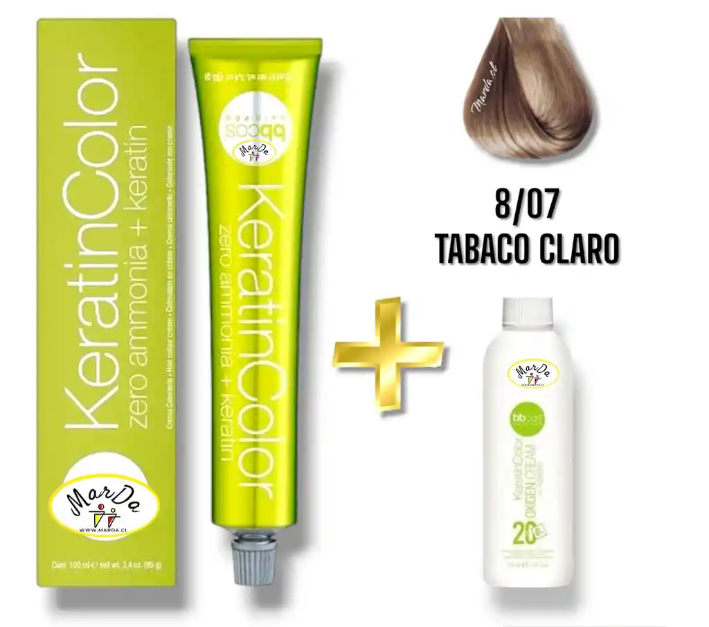 8/07 Tabaco Claro Tintura Keratincolor Sin Amoniaco Con Keratina 100 Ml + Agua Oxigenada 20 V Bbcos