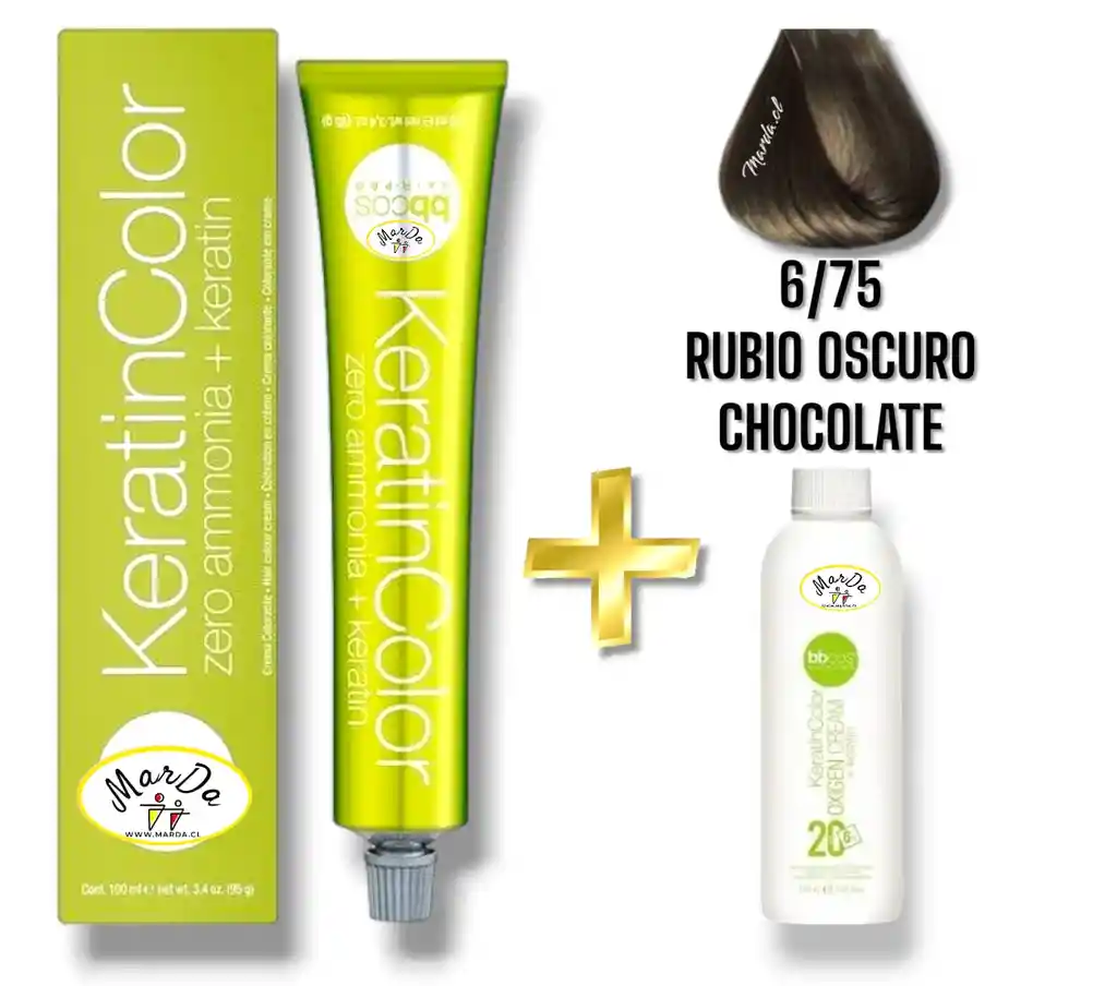 6/75 Rubio Oscuro Chocolate Tintura Keratincolor Sin Amoniaco Con Keratina 100 Ml + Agua Oxigenada 20 V Bbcos