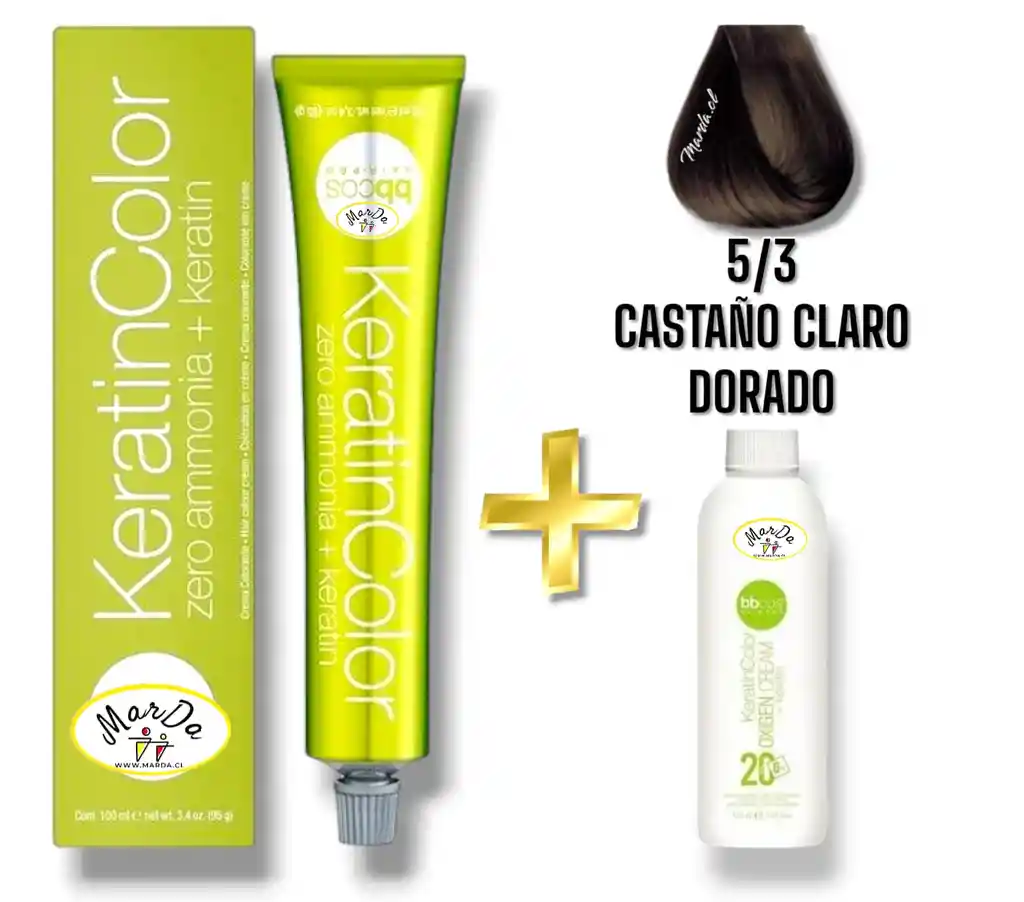 5/3 Castaño Claro Dorado Tintura Keratincolor Sin Amoniaco Con Keratina 100 Ml + Agua Oxigenada 20 V Bbcos