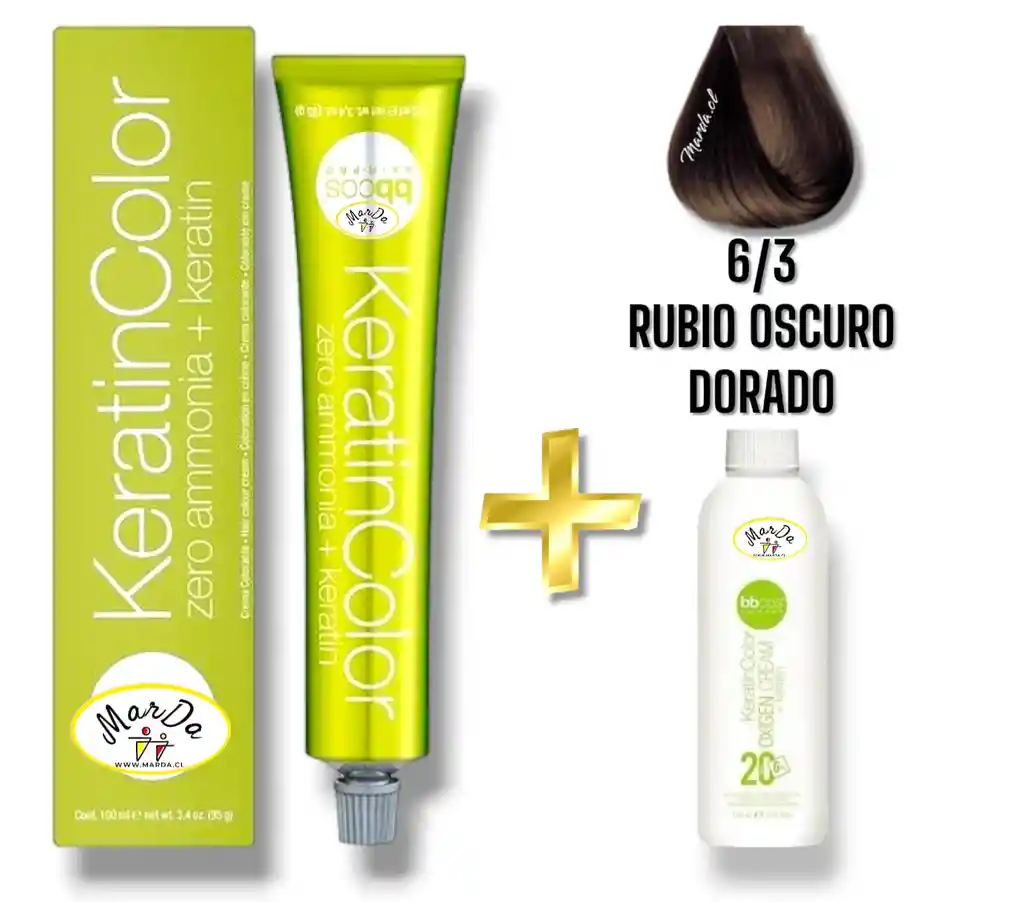 6/3 Rubio Oscuro Dorado Tintura Keratincolor Sin Amoniaco Con Keratina 100 Ml + Agua Oxigenada 20 V Bbcos