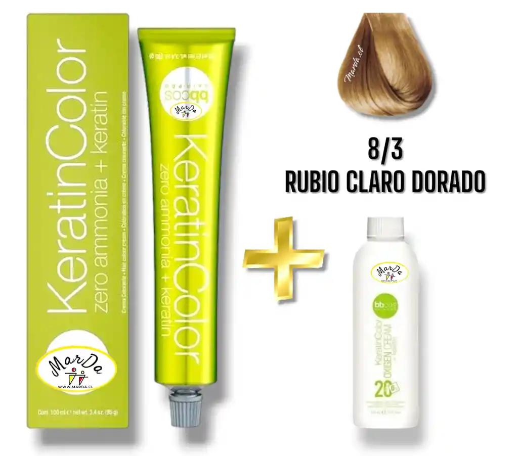 8/3 Rubio Claro Dorado Tintura Keratincolor Sin Amoniaco Con Keratina 100 Ml + Agua Oxigenada 20 V Bbcos