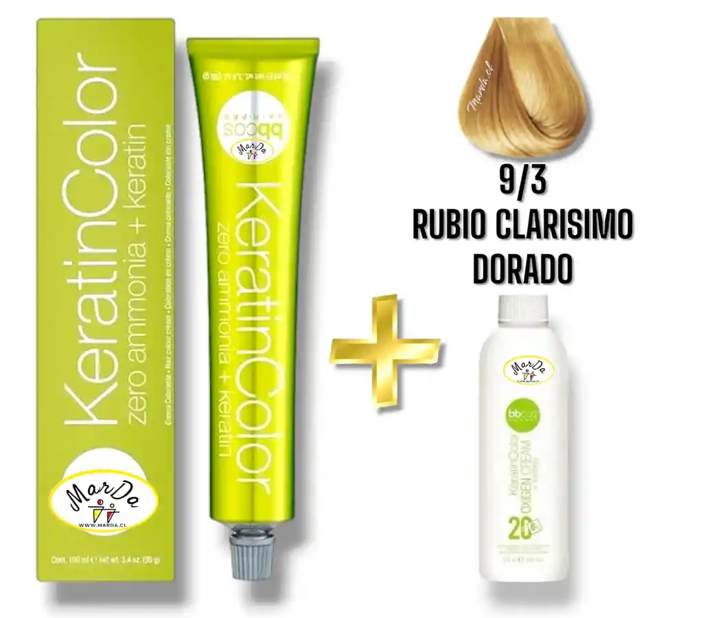 9/3 Rubio Clarisimo Dorado Tintura Keratincolor Sin Amoniaco Con Keratina 100 Ml + Agua Oxigenada 20 V Bbcos