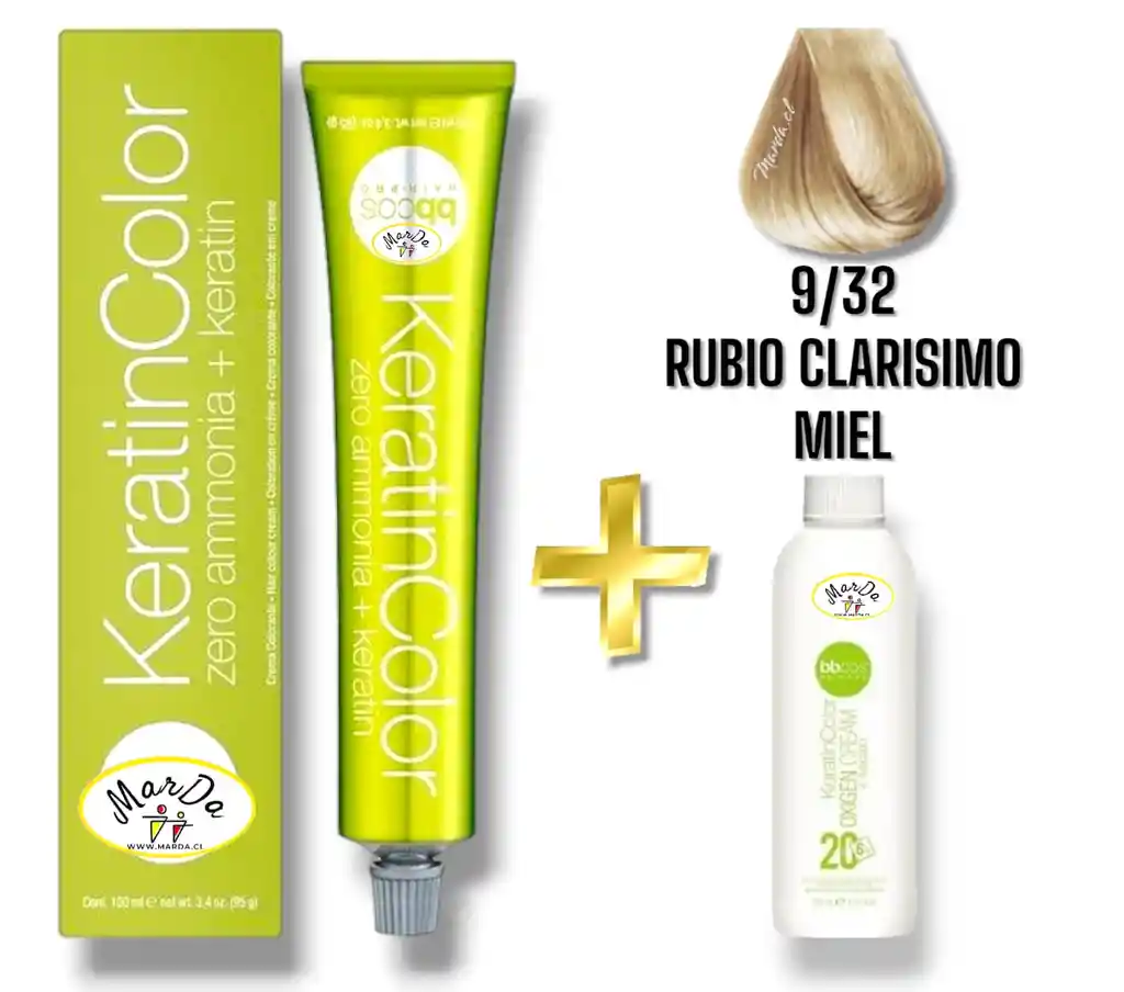 9/32 Rubio Clarisimo Miel Tintura Keratincolor Sin Amoniaco Con Keratina 100 Ml + Agua Oxigenada 20 V Bbcos