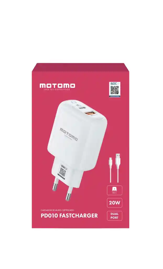 Cargador Carga Rápida 20w 2 Puertos (usb Y Tipo C) + Cable Tipo C Motomo