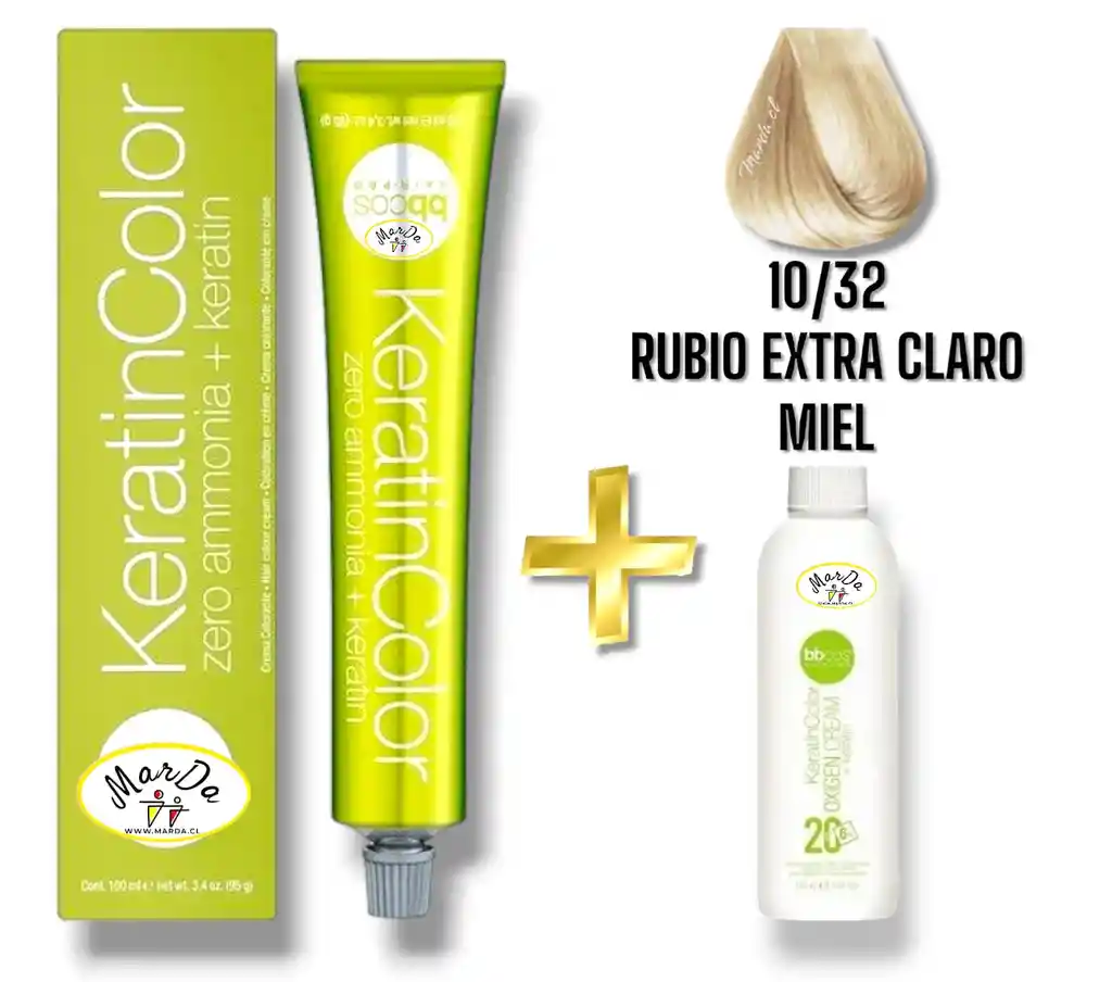 10/32 Rubio Extra Claro Miel Tintura Keratincolor Sin Amoniaco Con Keratina 100 Ml + Agua Oxigenada 20 V Bbcos