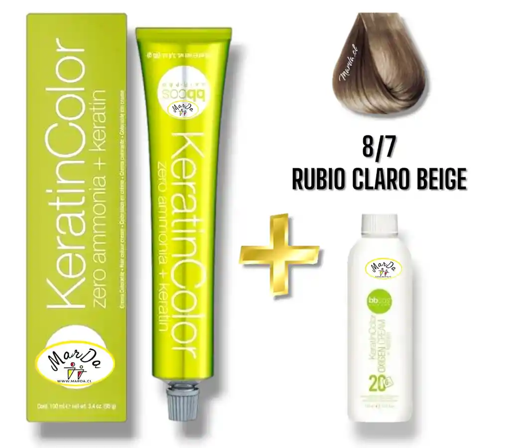 8/7 Rubio Claro Beige Tintura Keratincolor Sin Amoniaco Con Keratina 100 Ml + Agua Oxigenada 20 V Bbcos