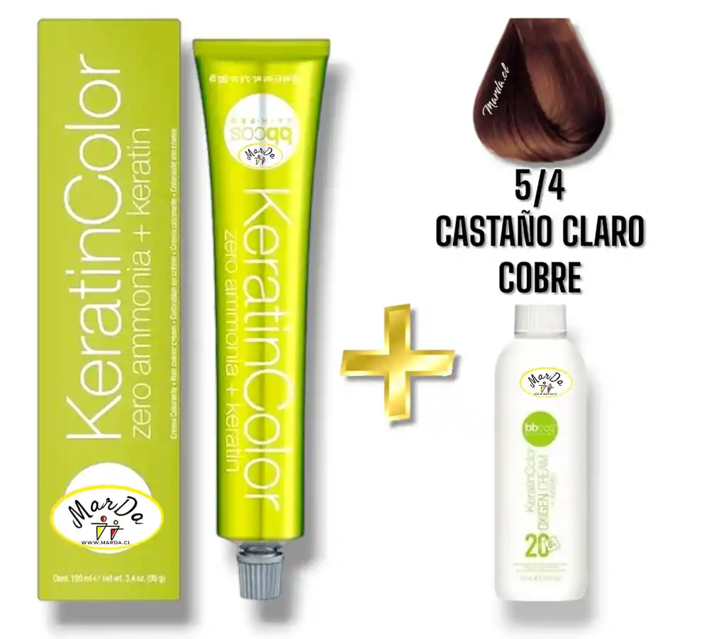 5/4 Castaño Claro Cobre Tintura Keratincolor Sin Amoniaco Con Keratina 100 Ml + Agua Oxigenada 20 V Bbcos