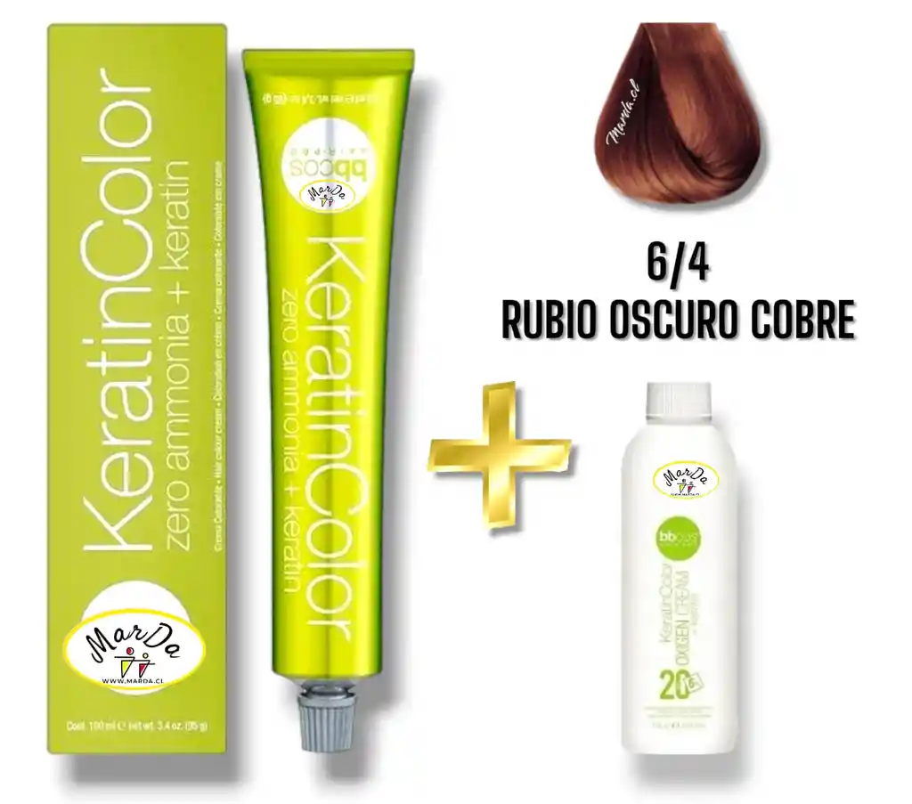 6/4 Rubio Oscuro Cobre Tintura Keratincolor Sin Amoniaco Con Keratina 100 Ml + Agua Oxigenada 20 V Bbcos