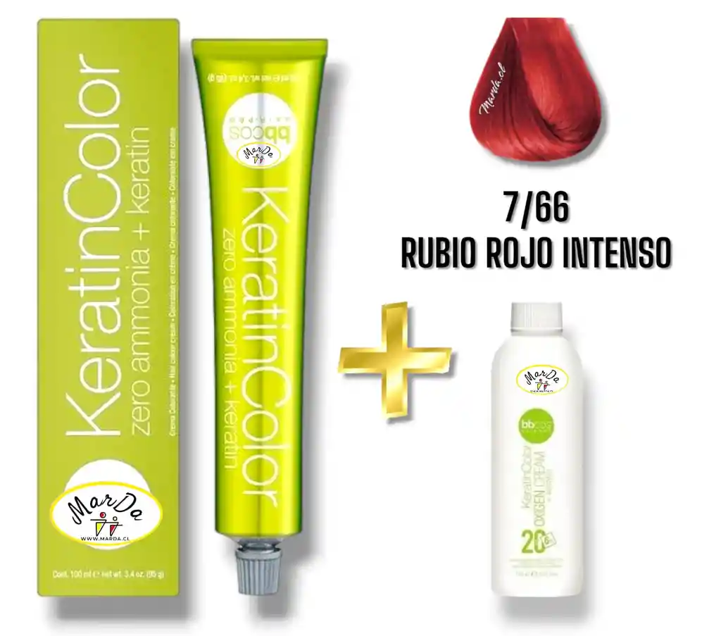 7/66 Rubio Rojo Intenso Tintura Keratincolor Sin Amoniaco Con Keratina 100 Ml + Agua Oxigenada 20 V Bbcos