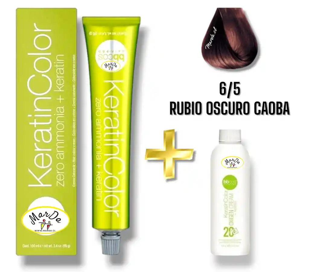 6/5 Rubio Oscuro Caoba Tintura Keratincolor Sin Amoniaco Con Keratina 100 Ml + Agua Oxigenada 20 V Bbcos