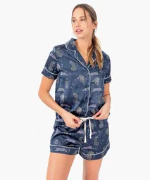 Set Pijama Mujer Satín Camisero Tigres S Azul