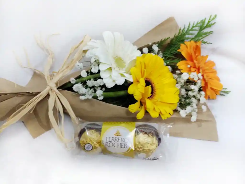 Ramo De 3 Gerberas Con Bombones Ferrero Rocher X3unid.