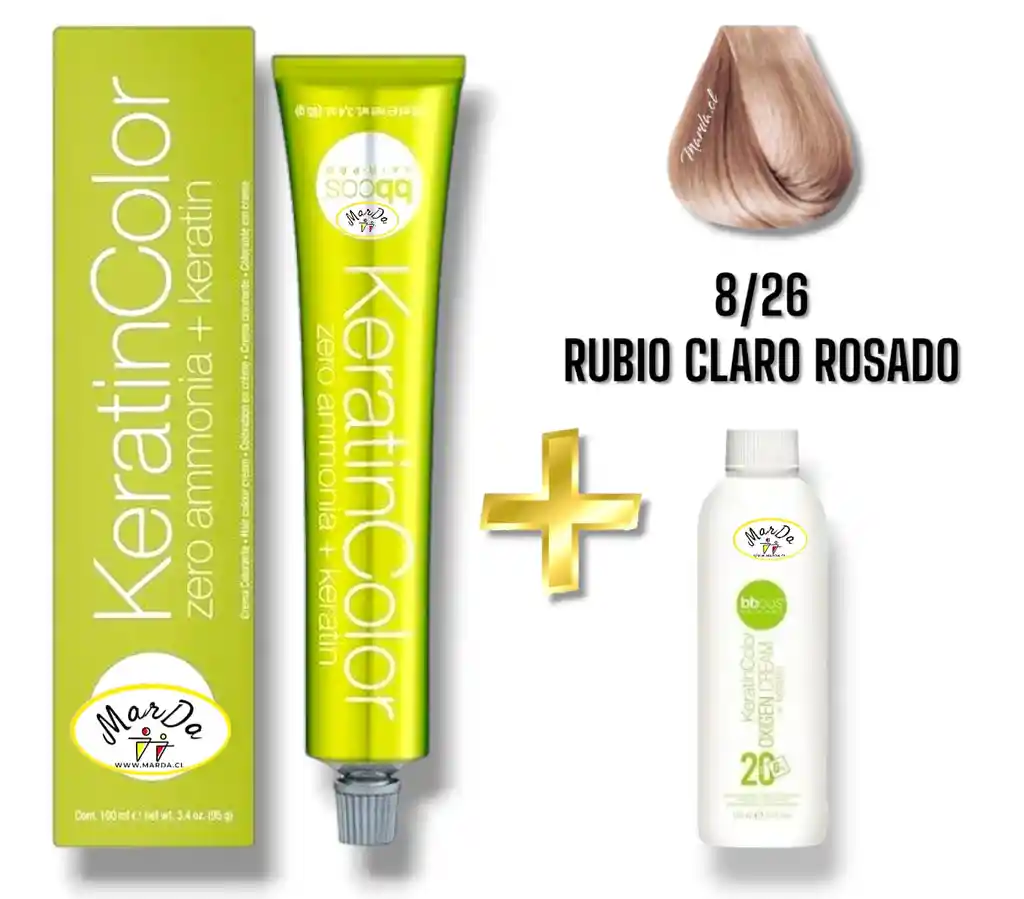 8/26 Rubio Claro Rosado Tintura Keratincolor Sin Amoniaco Con Keratina 100 Ml + Agua Oxigenada 20 V Bbcos