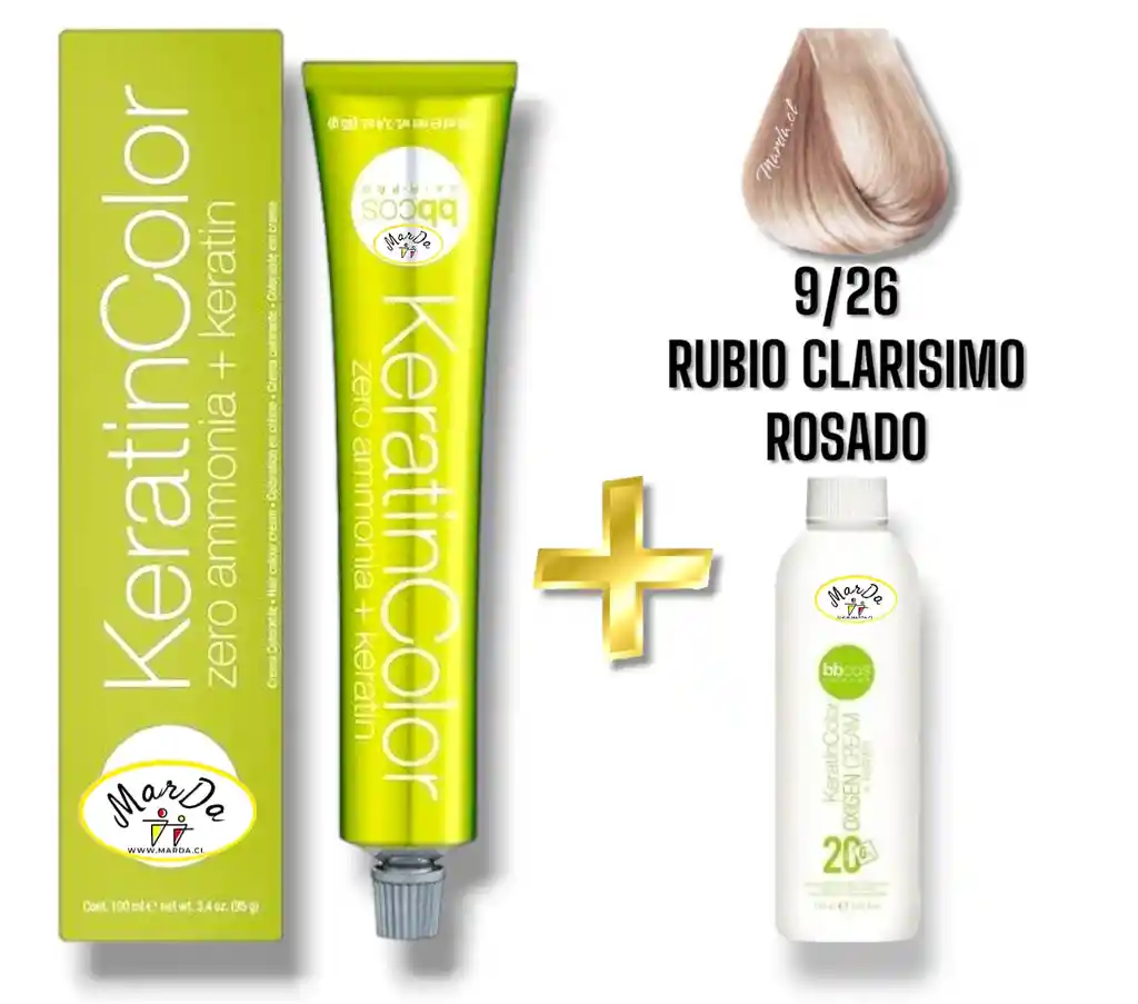 9/26 Rubio Clarisimo Rosado Tintura Keratincolor Sin Amoniaco Con Keratina 100 Ml + Agua Oxigenada 20 V Bbcos